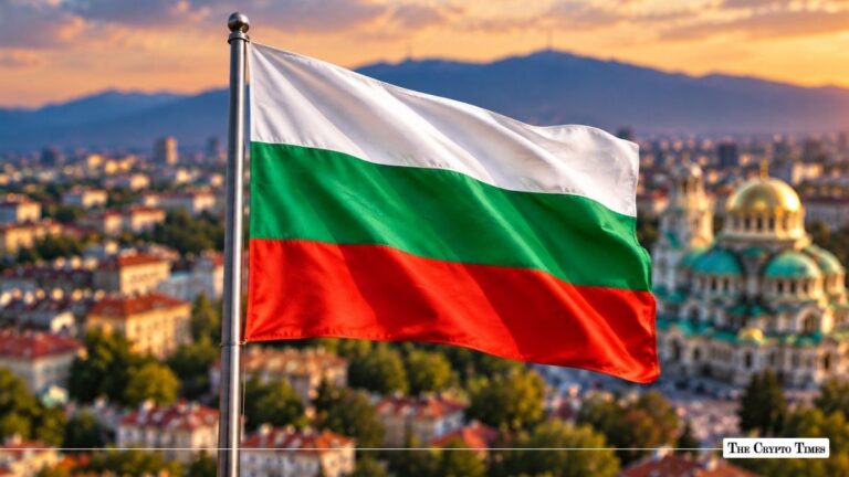 Bulgarian flag waving on a flagpole over the Sofia city skyline.