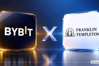The Bybit and Franklin Templeton logos side by side on square plaques against a blue background.