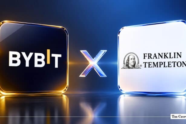 The Bybit and Franklin Templeton logos side by side on square plaques against a blue background.