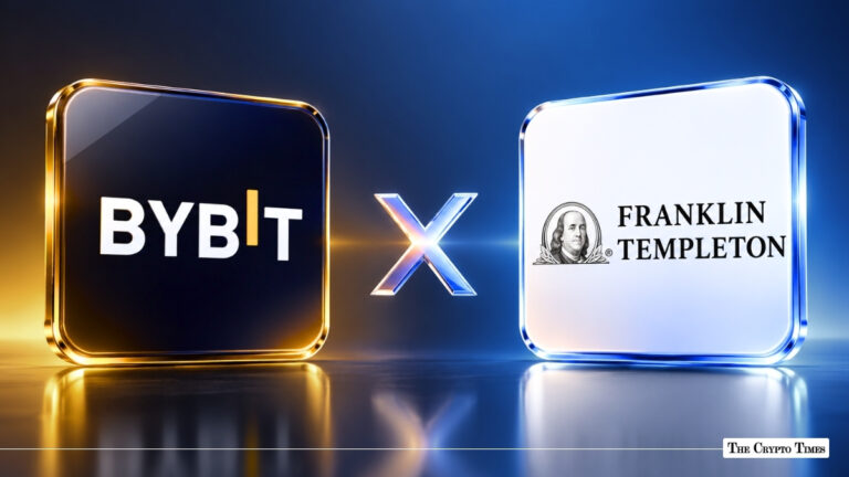 The Bybit and Franklin Templeton logos side by side on square plaques against a blue background.
