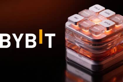 The Bybit logo alongside a glowing futuristic cube displaying stock tickers like NVDA and TSLA.