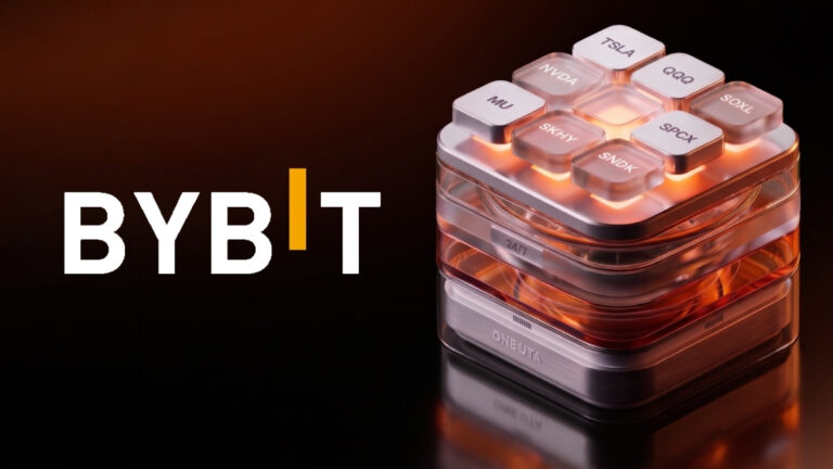 The Bybit logo alongside a glowing futuristic cube displaying stock tickers like NVDA and TSLA.