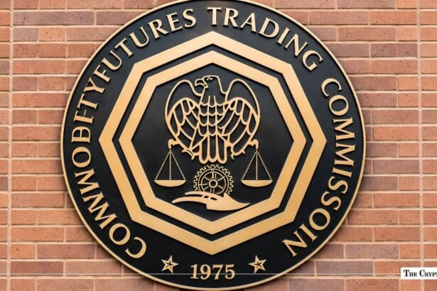 Official Commodity Futures Trading Commission (CFTC) seal mounted on a red brick wall.
