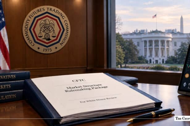 CFTC document titled "Market Structure Rulemaking Package" on a desk overlooking the White House.