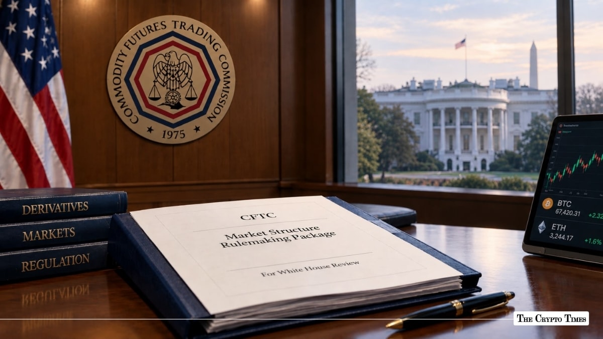 CFTC document titled "Market Structure Rulemaking Package" on a desk overlooking the White House.