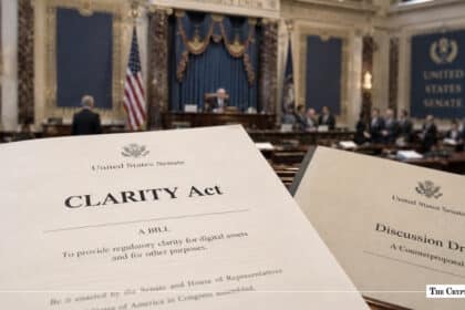 Printouts of the CLARITY Act bill and a Senate counterproposal document resting on a desk inside the U.S. Senate chamber