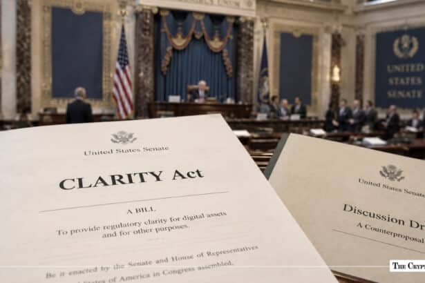Printouts of the CLARITY Act bill and a Senate counterproposal document resting on a desk inside the U.S. Senate chamber