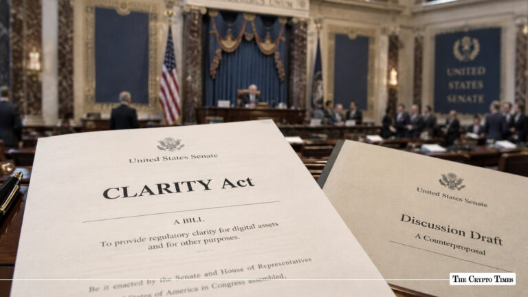 Printouts of the CLARITY Act bill and a Senate counterproposal document resting on a desk inside the U.S. Senate chamber
