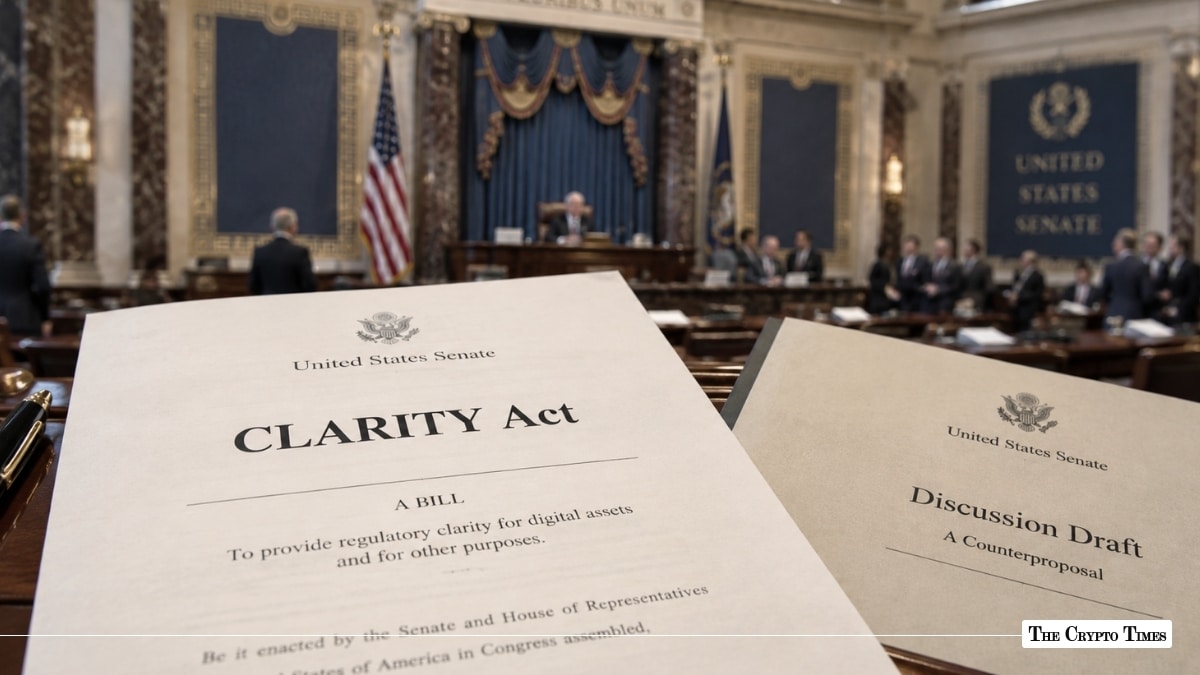 Printouts of the CLARITY Act bill and a Senate counterproposal document resting on a desk inside the U.S. Senate chamber