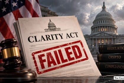 CLARITY Act document stamped "FAILED" beside a wooden gavel with the U.S. Capitol in the background.