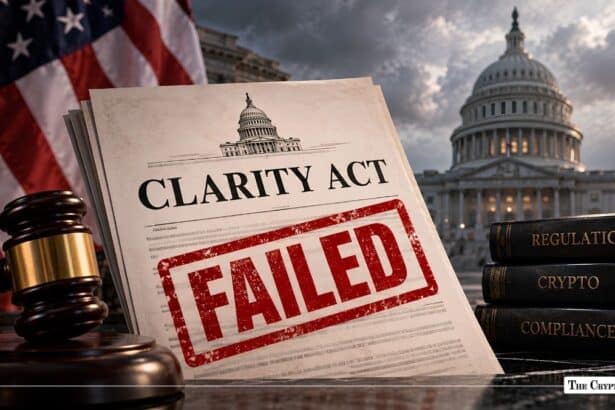 CLARITY Act document stamped "FAILED" beside a wooden gavel with the U.S. Capitol in the background.