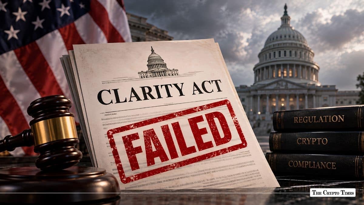 CLARITY Act document stamped "FAILED" beside a wooden gavel with the U.S. Capitol in the background.
