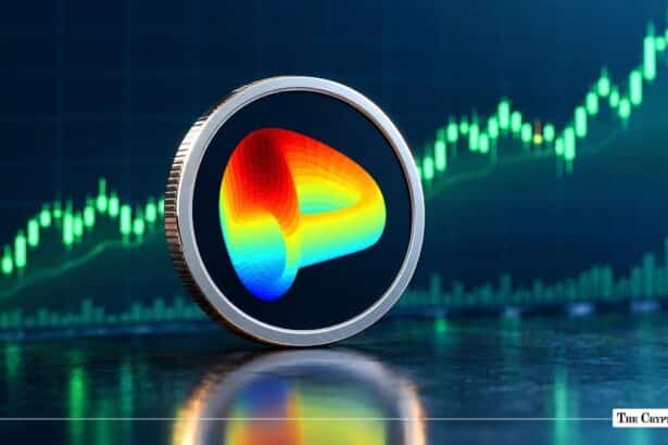 Curve DAO Token (CRV) physical coin positioned in front of a green financial chart background.