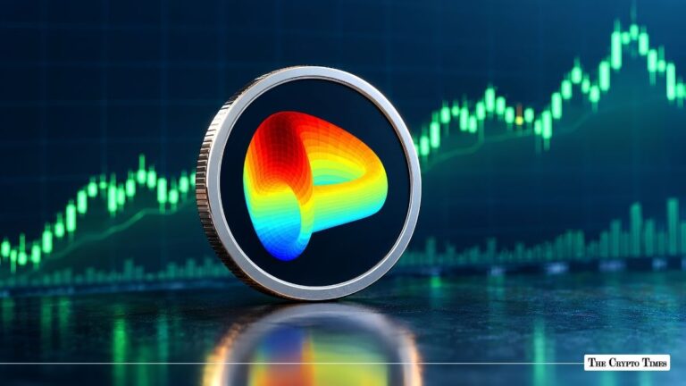 Curve DAO Token (CRV) physical coin positioned in front of a green financial chart background.