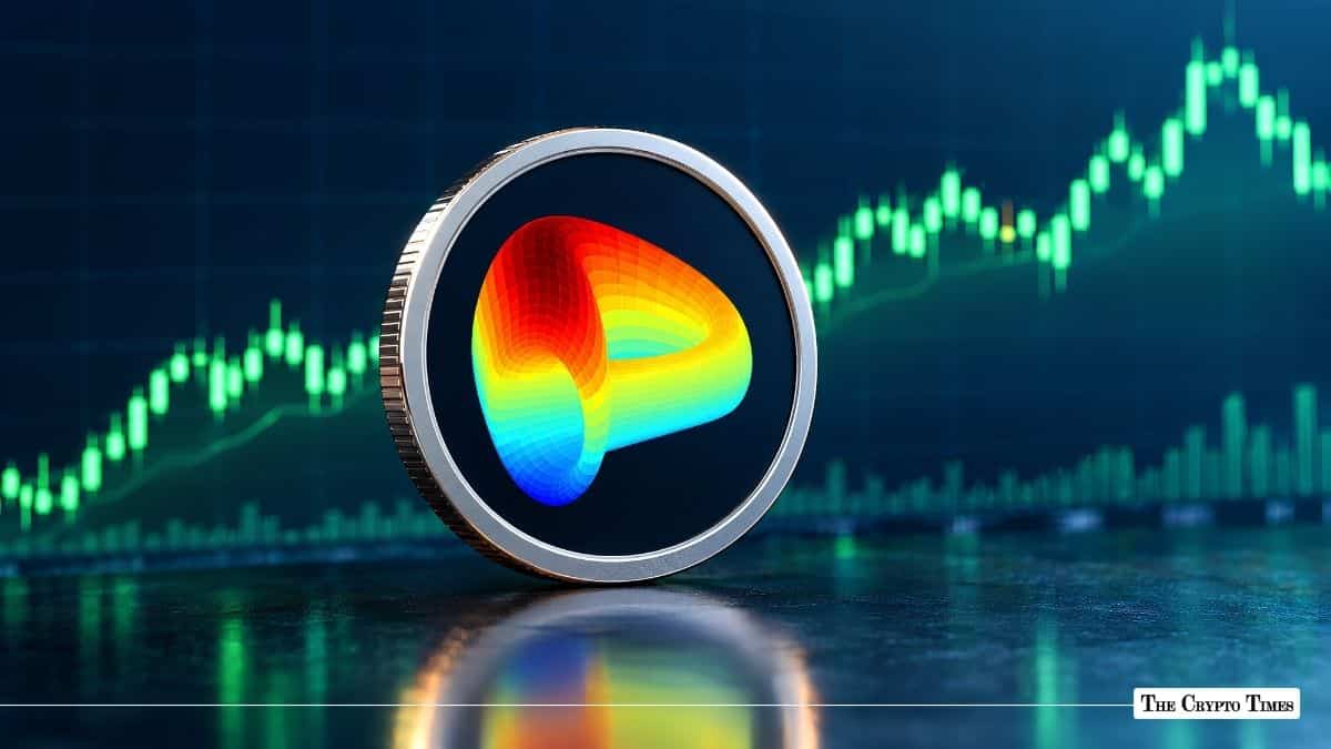 Curve DAO Token (CRV) physical coin positioned in front of a green financial chart background.