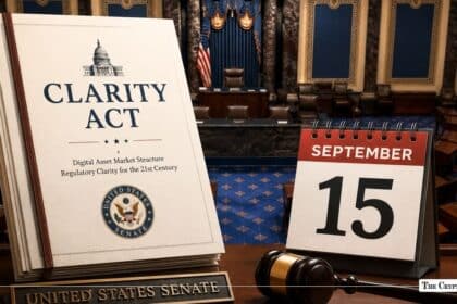 Clarity Act bill with a September 15 calendar and Senate chamber in the background.