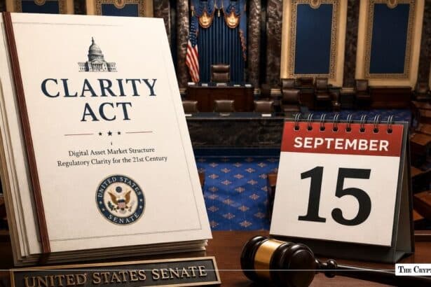 Clarity Act bill with a September 15 calendar and Senate chamber in the background.