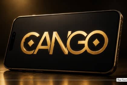 Gold-embossed Cango logo centered on a dark smartphone screen
