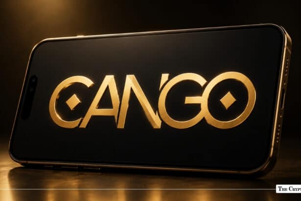 Gold-embossed Cango logo centered on a dark smartphone screen