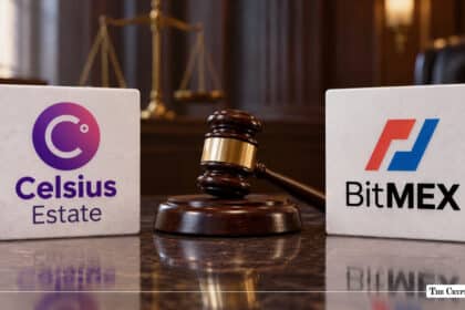 Celsius Estate and BitMEX logos separated by a judge's gavel inside a courtroom setting.
