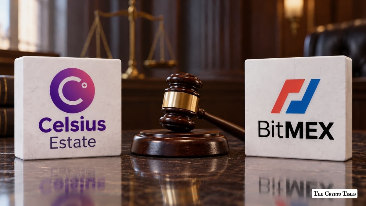 Celsius Estate and BitMEX logos separated by a judge's gavel inside a courtroom setting.