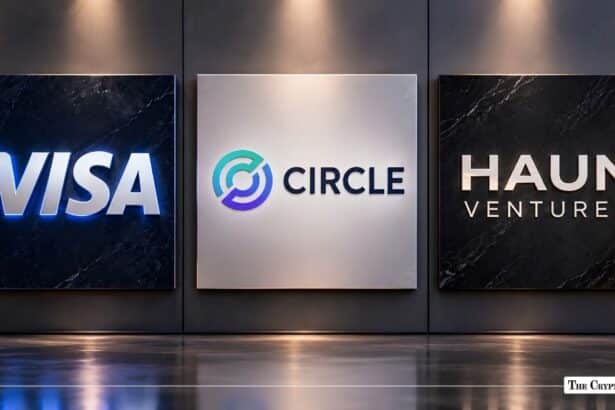 Logos for Visa, Circle, and Haun Ventures displayed on wall panels.