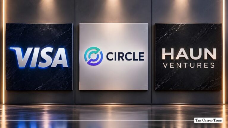 Logos for Visa, Circle, and Haun Ventures displayed on wall panels.