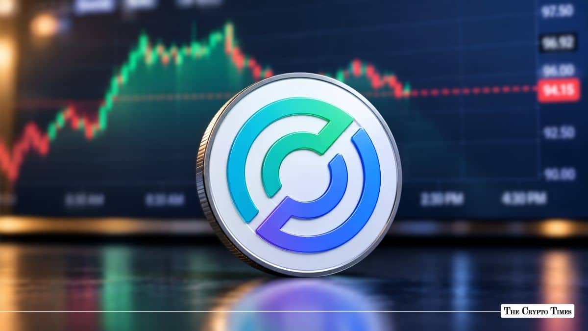Physical USD Coin (USDC) token standing upright against a financial trading chart background.
