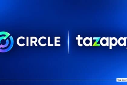 Circle and Tazapay logos displayed side-by-side on a blue background.