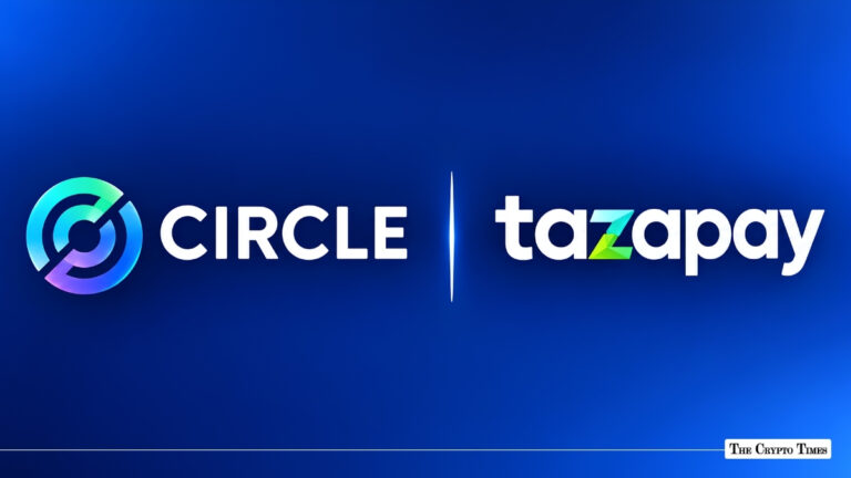 Circle and Tazapay logos displayed side-by-side on a blue background.