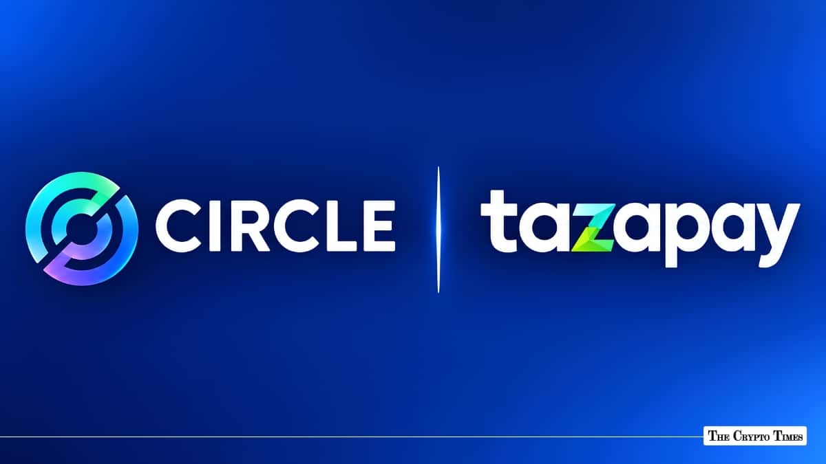 Circle and Tazapay logos displayed side-by-side on a blue background.