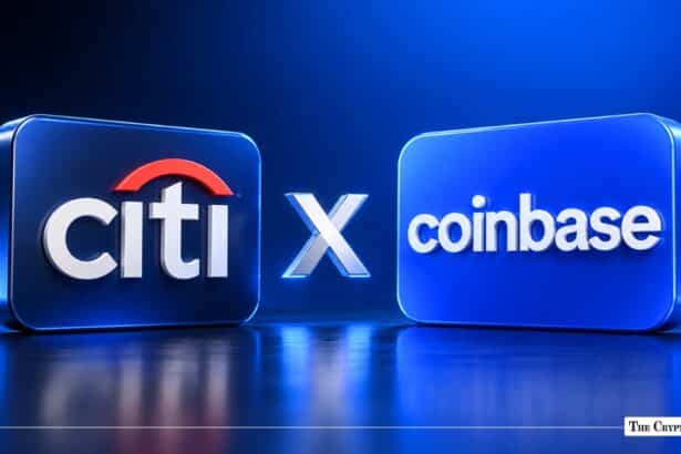 The Citi and Coinbase logos displayed side by side against a blue gradient background.