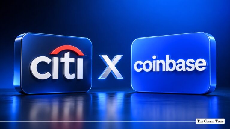 The Citi and Coinbase logos displayed side by side against a blue gradient background.