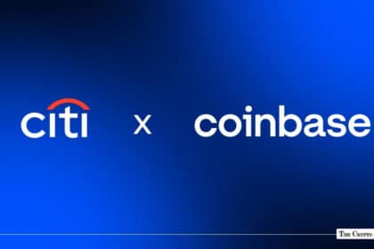 The Citi and Coinbase logos displayed side by side against a blue gradient background.