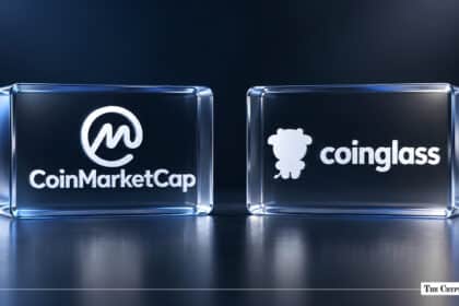 CoinMarketCap and Coinglass corporate logos embedded inside transparent glass blocks.
