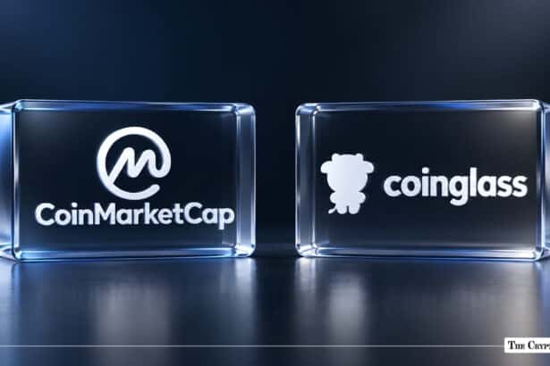 CoinMarketCap and Coinglass corporate logos embedded inside transparent glass blocks.