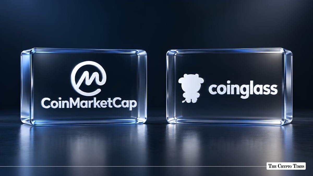 CoinMarketCap and Coinglass corporate logos embedded inside transparent glass blocks.