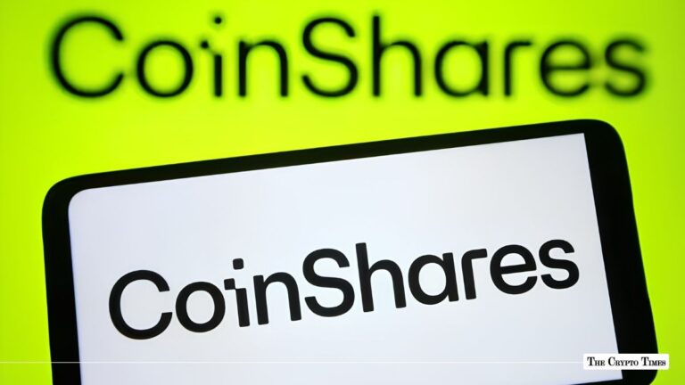 Smartphone showing the CoinShares logo in front of a bright yellow background.