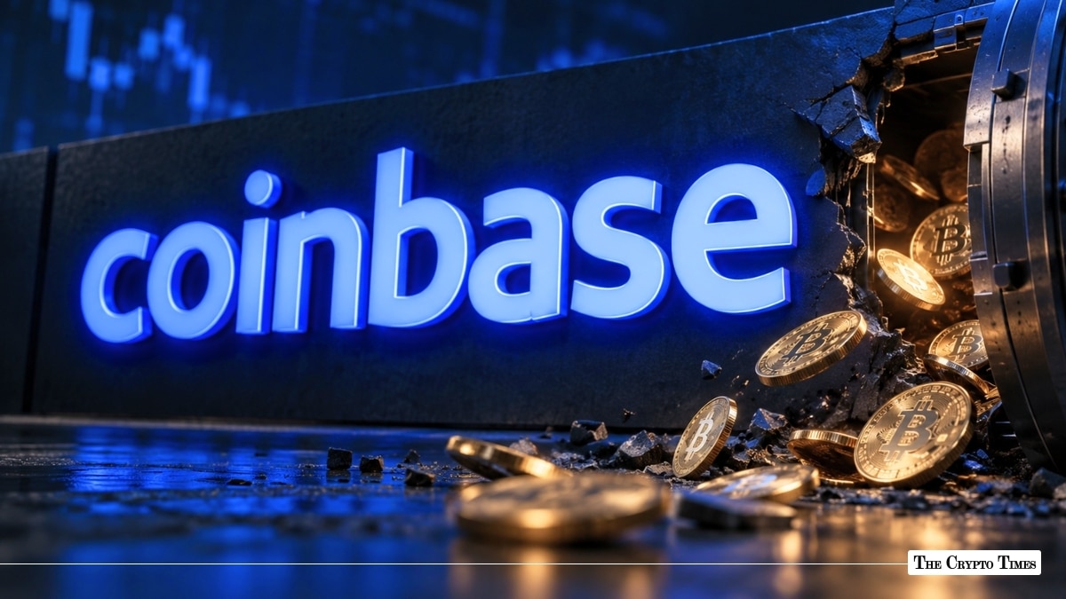 An illuminated blue Coinbase logo on a dark wall beside a breached metallic vault spilling gold Bitcoin coins onto the floor.