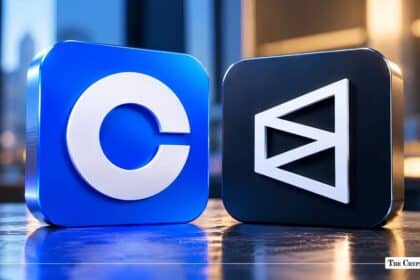 Coinbase and VanEck 3D app icon blocks side-by-side on a reflective dark surface.