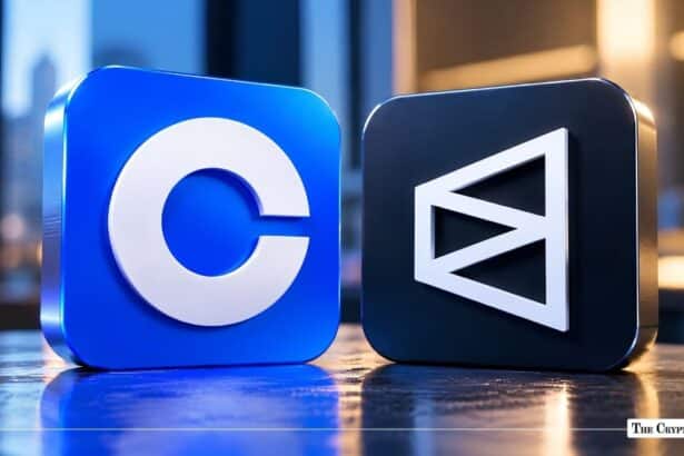 Coinbase and VanEck 3D app icon blocks side-by-side on a reflective dark surface.