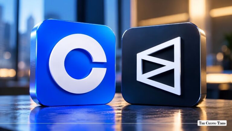Coinbase and VanEck 3D app icon blocks side-by-side on a reflective dark surface.