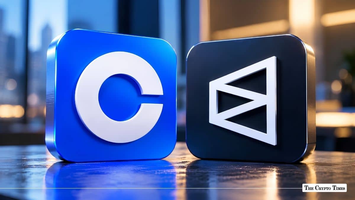 Coinbase and VanEck 3D app icon blocks side-by-side on a reflective dark surface.