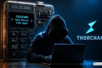 Hooded figure working on a laptop beside a large transparent Coldcard device and a THORChain logo