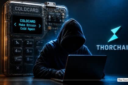 Hooded figure working on a laptop beside a large transparent Coldcard device and a THORChain logo