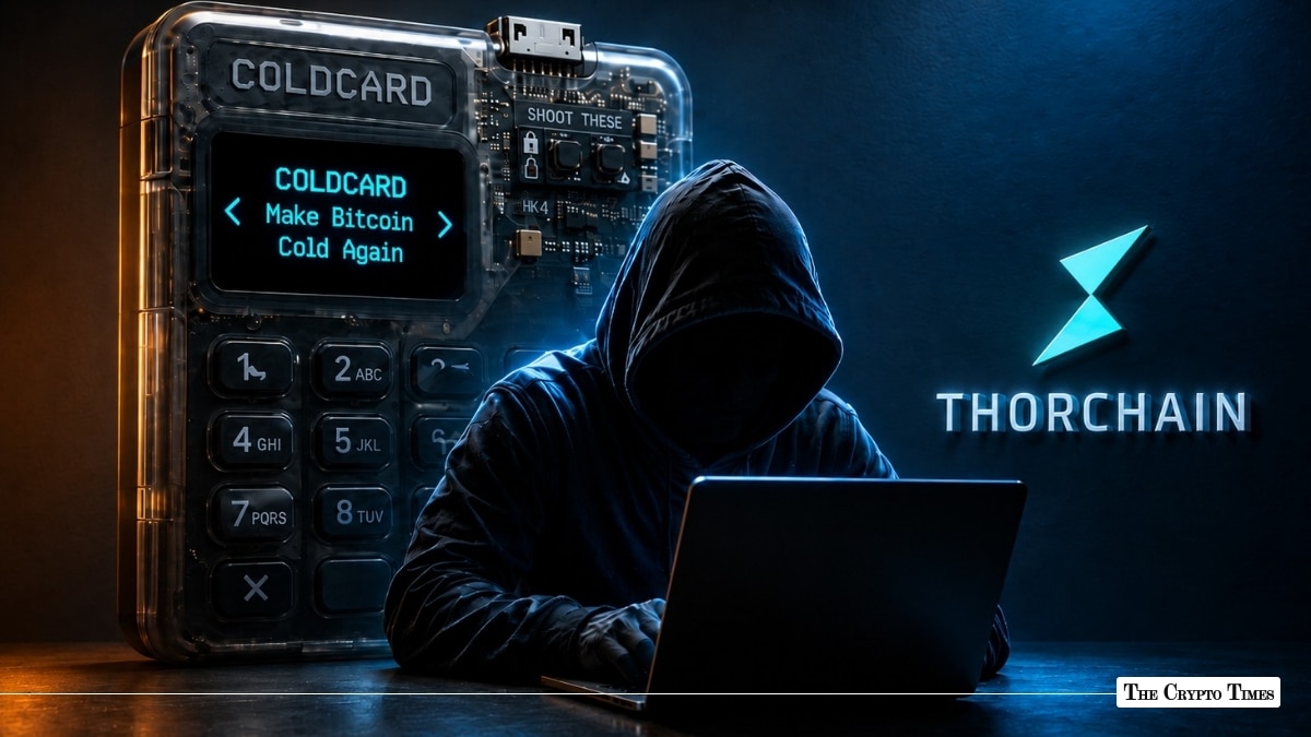 Hooded figure working on a laptop beside a large transparent Coldcard device and a THORChain logo