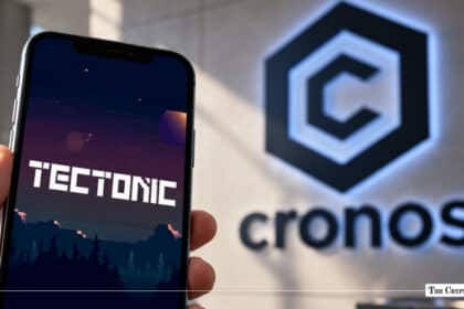 Smartphone displaying Tectonic crypto app in front of glowing Cronos logo