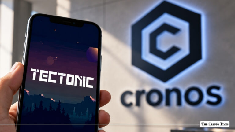 Smartphone displaying Tectonic crypto app in front of glowing Cronos logo