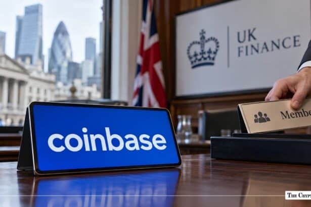 Coinbase digital display plaque on a conference table at a UK Finance event.