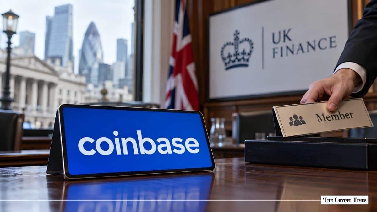 Coinbase digital display plaque on a conference table at a UK Finance event.